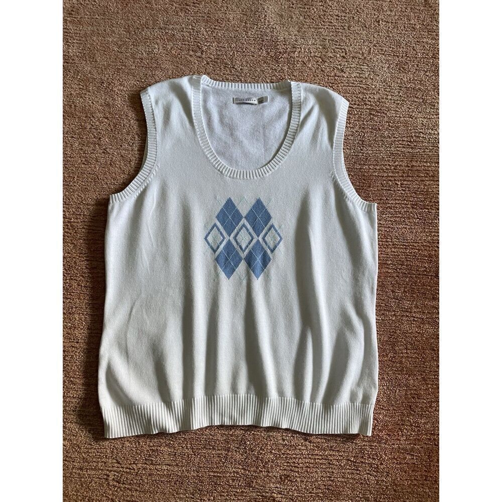 Lady Hagen White Sweater Vest L Argyle Diamond Knit Sleeveless Pullover Cotton